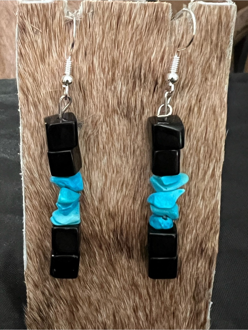 Handmade  sterling silver Black and Turquoise Beaded Drop Earrings